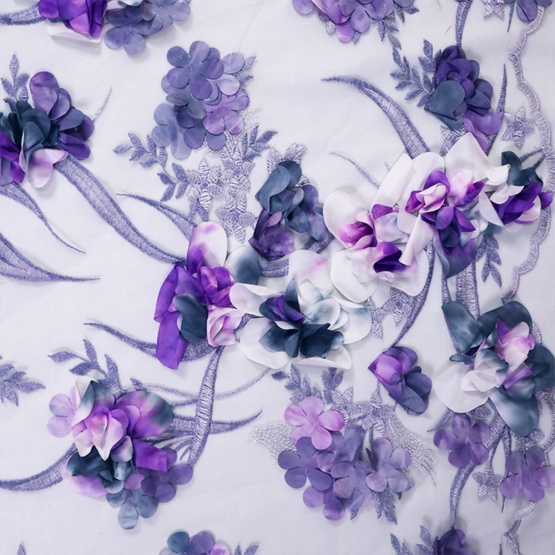 Purple Flower 3D Embroidery Lace Mesh Fabric