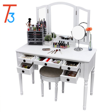 Vanity Set Tri-folding Mirror Make-up Dressing Table Stool 5 Drawers