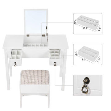 Vanity Set with Flip Top Mirror Makeup Dressing Table Writing Desk with 2 Drawers Cushioned Stool 3 Removable Organizers Easy As