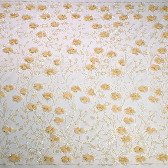 Ligth Yellow Mesh Lace Floral Sequin Fabric