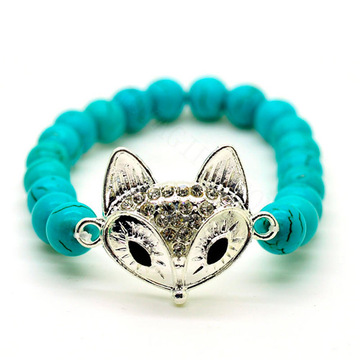 Turquoise 8MM Round Beads Stretch Gemstone Bracelet with Diamante alloy Lizard Piece