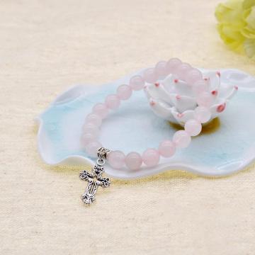 Natural Rose Quartz Chakra Gemstone 8MM Round Beads Charms Bracelet with Cross Alloy