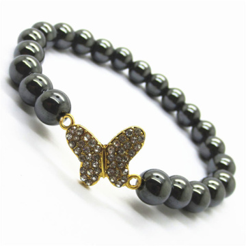 Hematite 8MM Round Beads Stretch Gemstone Bracelet with Diamante Butterfly alloy Piece