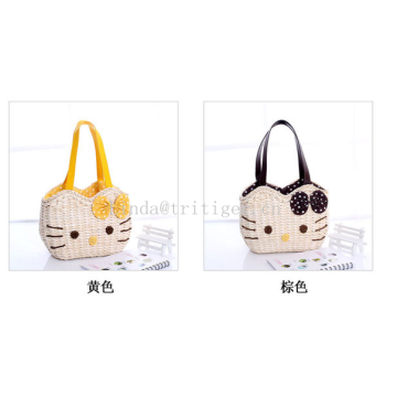 Eco-friendly Cute Hello Kitty Straw Weave Purse Handbag