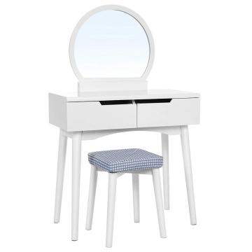 White Vanity Table Set with Round Mirror 2 Large Sliding Drawers Dresser Makeup Table Dressing Table Set