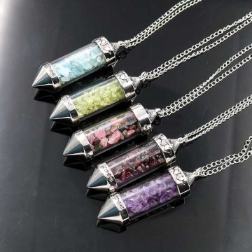 Healing Stone Chip 7 Chakra Pendulum Crystal Pendant Necklace with 80cm Chain Wish Bottle Necklace Dowsing Amulet