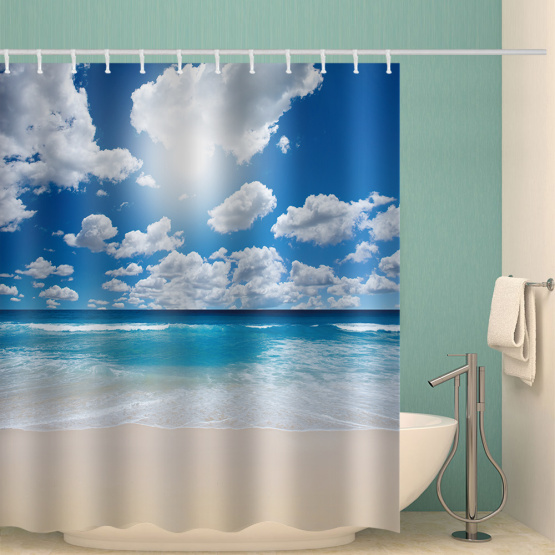 Sea Wave Beach Waterproof Shower Curtain Blue Ocean White Clouds Bathroom Decor Shower Curtain with Hooks