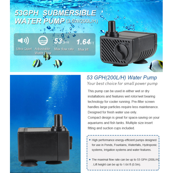 Heto 53GPH Submersible Pump(200LPH, 3.5W), 1.6ft High Lift, 6.4ft cord Fountain Pump for Fish Tank, Pond, Aquarium, Hydroponics