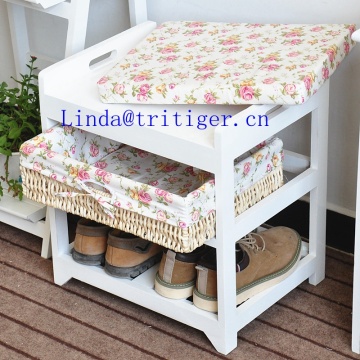Painted solid wood sofa shoe storage cushion footstool straw woven wicker basket drawers