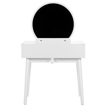 Vanity Table Set with Round Mirror 2 Large Sliding Drawers Makeup Dressing Table with Cushioned Stool, White