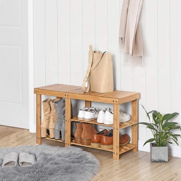 100% Bamboo Shoe Rack Bench,3-tier Entryway Storage Organizer with Seat Shoe Shelf for Boots Ideal for Hallway Bathroom
