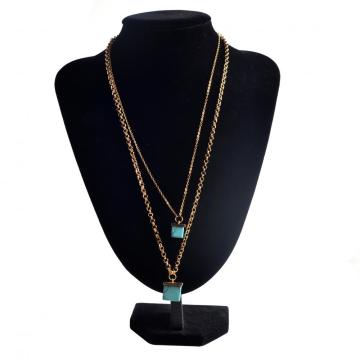 Gold Double Layer Necklace Turquoise Square Pendant