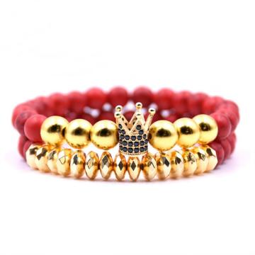 Fake Gold Crown Charm 8MM Turquoise Bracelet Set