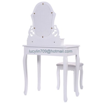 White Vanity Jewelry Wooden Makeup Dressing Table Set bathroom W/Stool Mirror & 4 Drawer