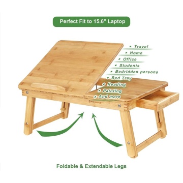 Multi Function Lapdesk Table Bed Tray Foldable Adjustable Breakfast Table Tilting Top with Storage Drawer Bamboo Wood Natural