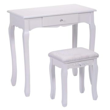 Bathroom Vanity Wood Makeup Dressing Table Stool Set with Mirror (Round Mirror, 3 Drawers)