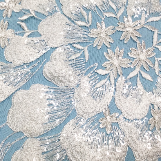 White Flower Sequin Embroidry Tulle Lace Fabric