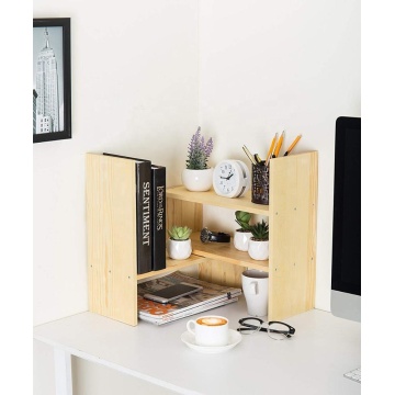 Adjustable Natural Wood Desktop Storage Organizer Display Shelf Rack, Counter Top Bookcase, Beige