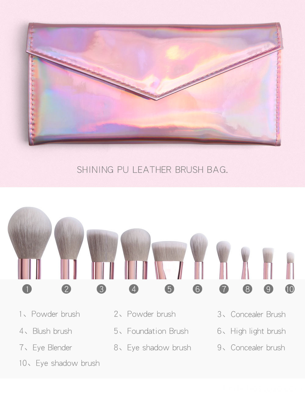 10 Piece Rose Gold Makeup Brushes Set name