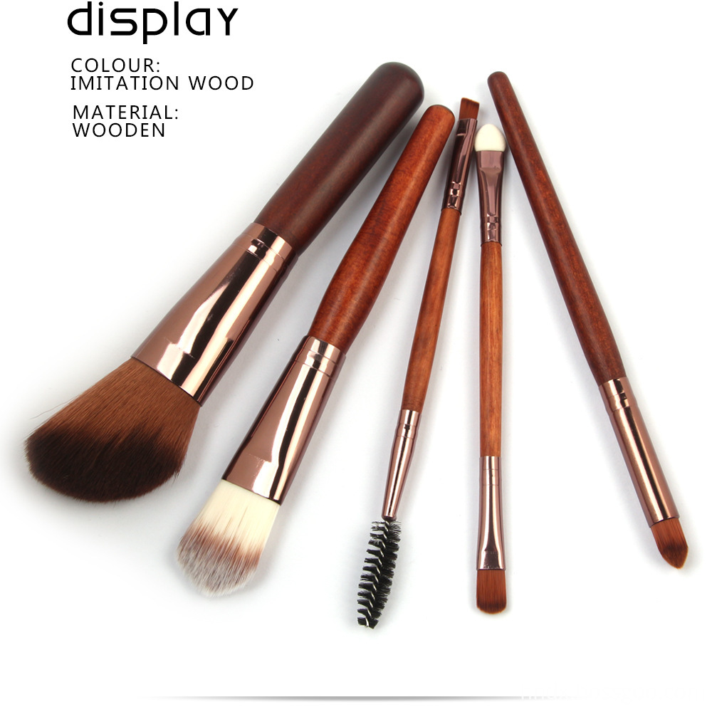 5 Pcs Wood Makeup Brushes Set display 1