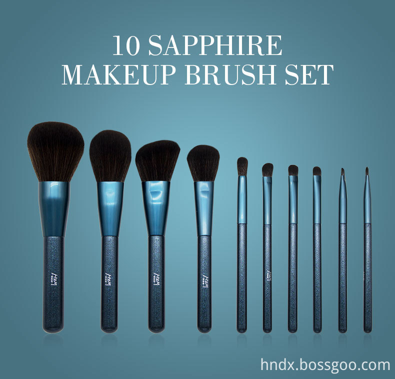 10 Pcs Blue Glitter Diamond Makeup Brushes Set 1