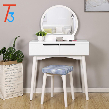 Vanity Table Set with Round Mirror 2 Large Sliding Drawers Makeup Dressing Table with Cushioned Stool White