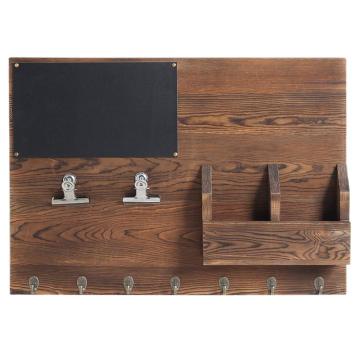 Rustic Dark Brown Wood Wall-Mounted Chalkboard & Mail Sorter with Key Hooks