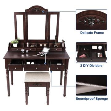 7 Drawers Vanity Set, Tri-folding Hooked Mirror, 6 Organizers Makeup Dressing Table Furniture with Cushioned Stool