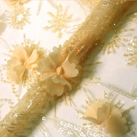 Ligth Yellow Mesh Lace Floral Sequin Fabric