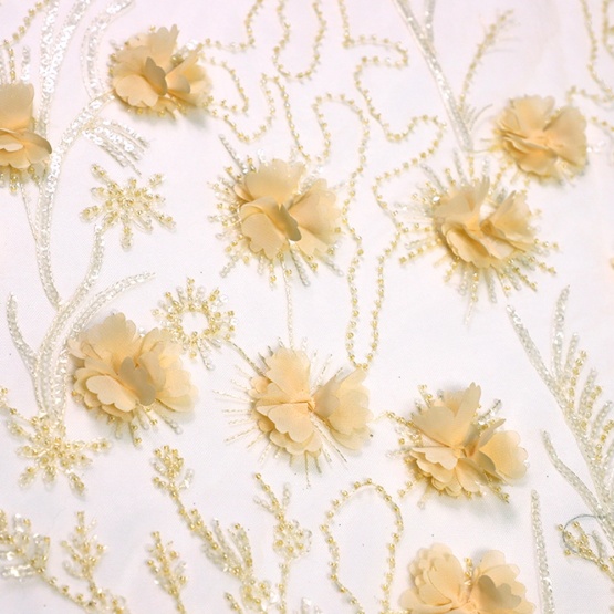 Ligth Yellow Mesh Lace Floral Sequin Fabric