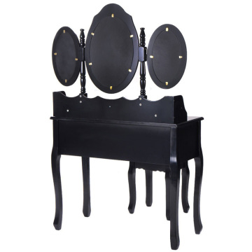 Black Tri Folding Oval Mirror Wood Bathroom Vanity Makeup Table Set with Stool &7 Drawers