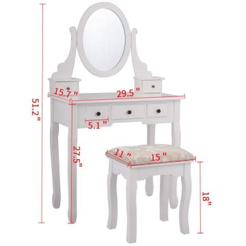 White Finish 5 Drawers Vanity Table Cushioned Stool Makeup Dressing Table Organizer Bedroom