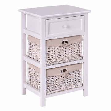 Wicker Basket White Night Stand 3 Tiers 1 Drawer Bedside End Table Organizer