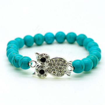 Turquoise 8MM Round Beads Stretch Gemstone Bracelet with Diamante alloy Owl Piece
