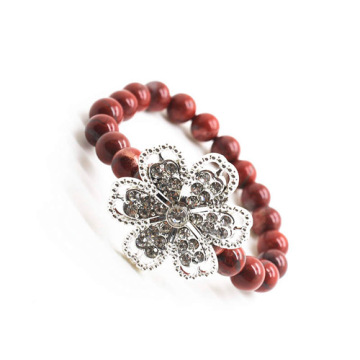 Red Jasper 8MM Round Beads Stretch Gemstone Bracelet with Diamante alloy Flower Piece