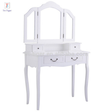 Folding Mirror white Wood Bathroom Vanity Set Makeup Table Dresser 4 Drawers with stool