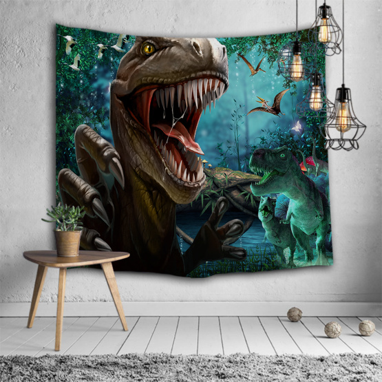 Roaring Dinosaur Tapestry Wild Anicient Animals Wall Hanging Rain Forest Jungle Wall Tapestry for Children Bedroom Living Room D