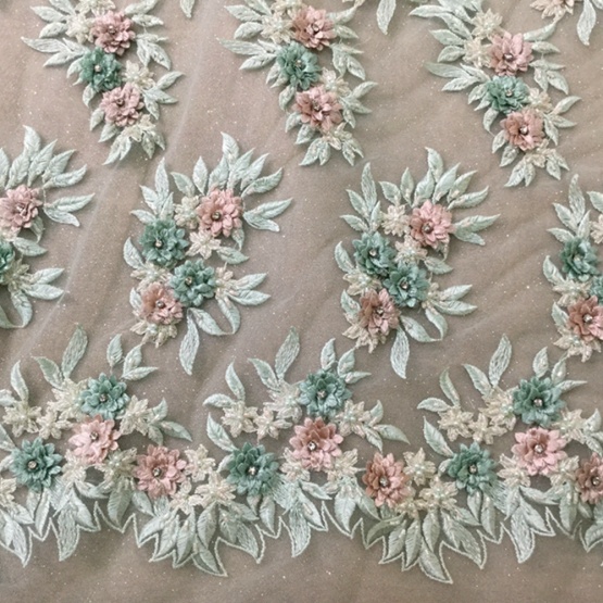 Light Green 3D StoneTulle Embroidery Fabric