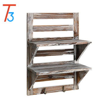wood wall organizer shelves 2-tier storage rack with 2 hooks designs