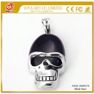 Black Onyx Semi Precious stone Skull Alloy Pendant