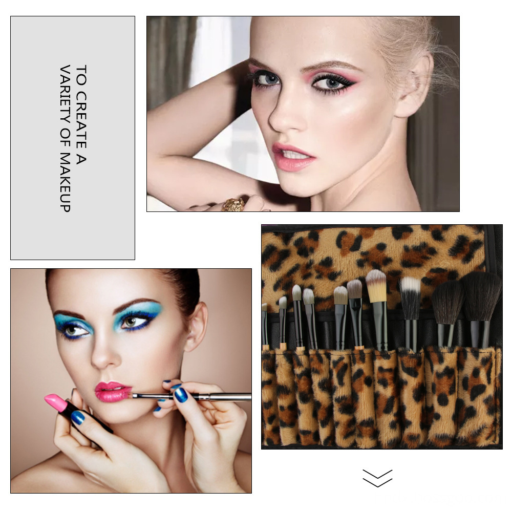12Pcs Leopard Gold Wood Makeup Brushes Set 2