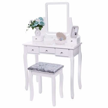 Vanity Set with Mirror Cushioned Stool Dressing Table Vanity Makeup Table 5 Drawers 2 Dividers Movable Organizers White