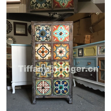 Vintage Antique Multicolor Distressed Wood Storage Cabinet