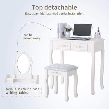 Cushioned Stool White Vanity 4 Drawers Mirrored dressing table