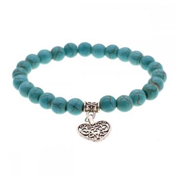 Natural Turquoise Chakra Gemstone 8MM Round Beads Charms Bracelet with Heart Alloy