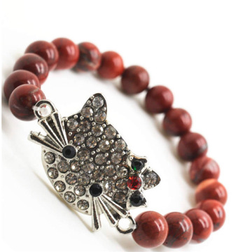 Red Jasper 8MM Round Beads Stretch Gemstone Bracelet with Diamante alloy cat head Piece