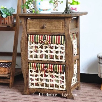Antique Wood Night Stand Table cabinet with wicker basket drawer for storage