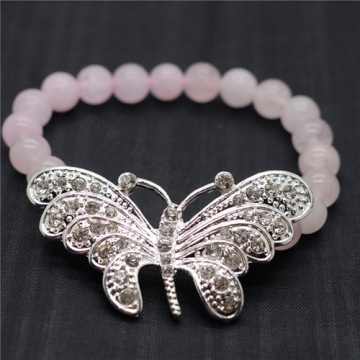 Rose Quartz 8MM Round Beads Stretch Gemstone Bracelet with Diamante alloy big butterfly Piece