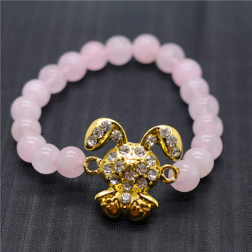 Rose Quartz 8MM Round Beads Stretch Gemstone Bracelet with Diamante alloy rabbit Piece