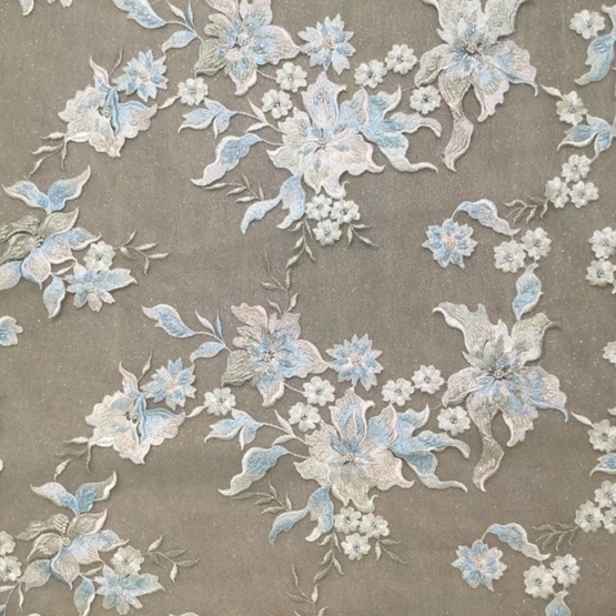 Sky Blue handmade Embroidery Flower Design Fabric